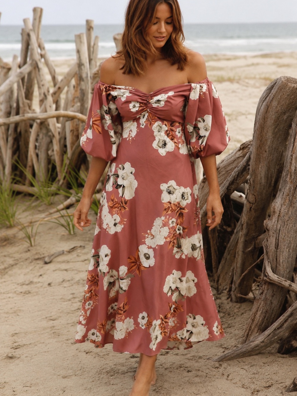 ANAV Dusty Mauve Floral Off Shoulder Deess